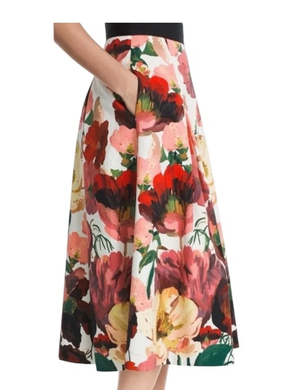 White House Black Market pleated poppy floral midi skirt